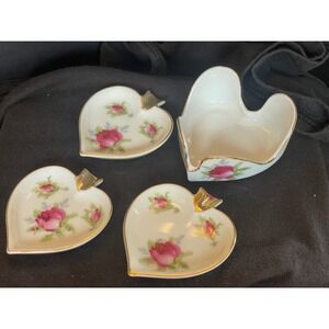 Vintage Lefton Jensens Gifts Heart Porcelain Rose Trinket Bowl & 3 Ashtrays Set